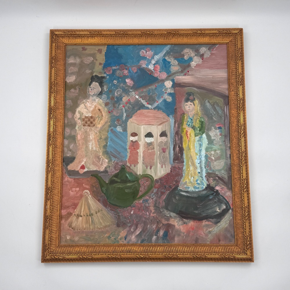 Chinoiserie Still Life Oil Painting Geisha Teapot Framed 23x28